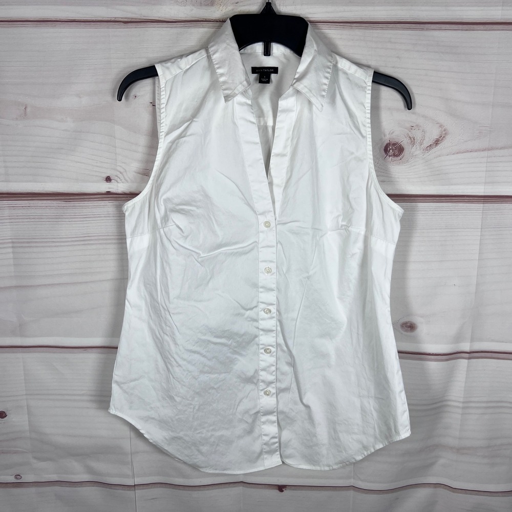 Ann Taylor Top Women S White Sleeveless Button Down Blouse Stretch Professional